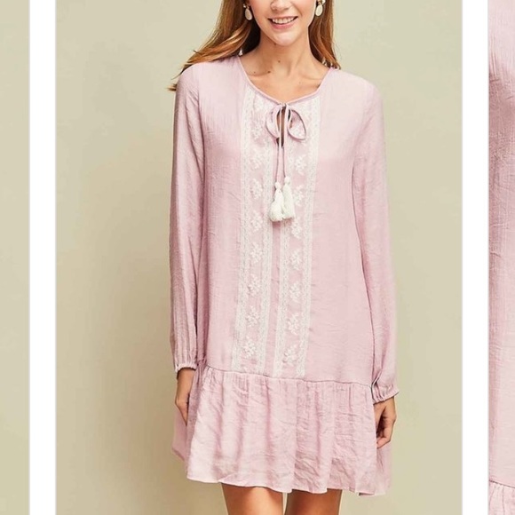 Entro Rose Pink Shift Dress Drop Waist Tassel Tie - Picture 3 of 8
